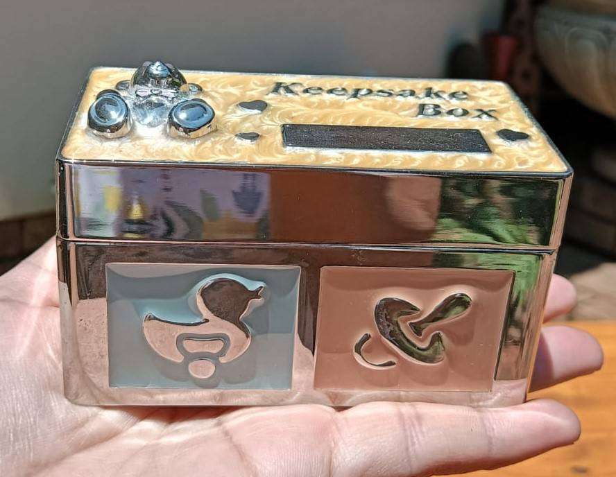 Silverplated Baby Keepsake Box with Enamelled Detail: Hinged Lid Velvet Lined on Inside