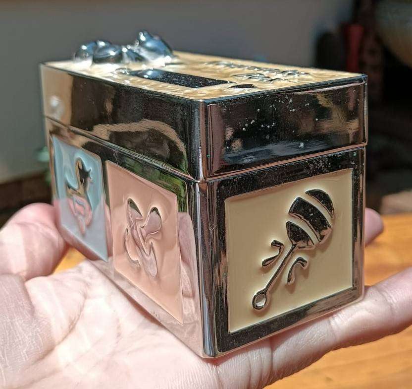 Silverplated Baby Keepsake Box with Enamelled Detail: Hinged Lid Velvet Lined on Inside