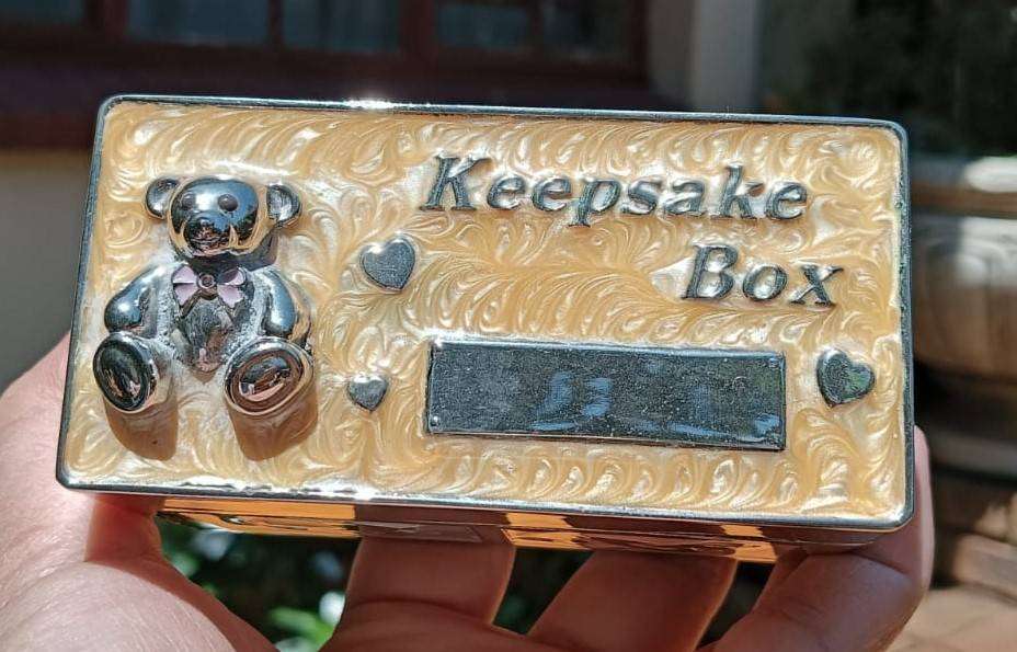 Silverplated Baby Keepsake Box with Enamelled Detail: Hinged Lid Velvet Lined on Inside