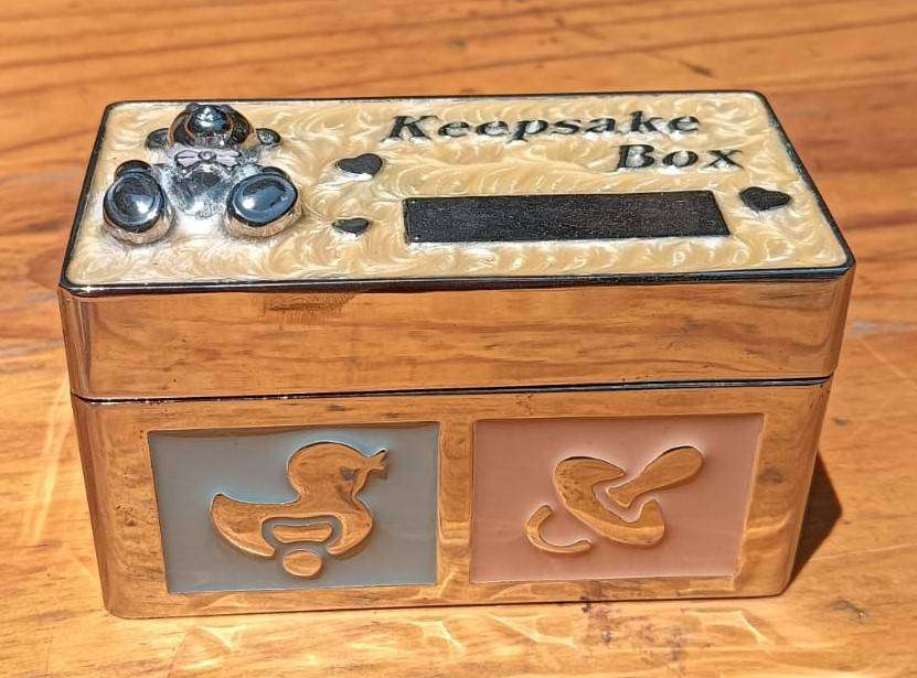 Silverplated Baby Keepsake Box with Enamelled Detail: Hinged Lid Velvet Lined on Inside