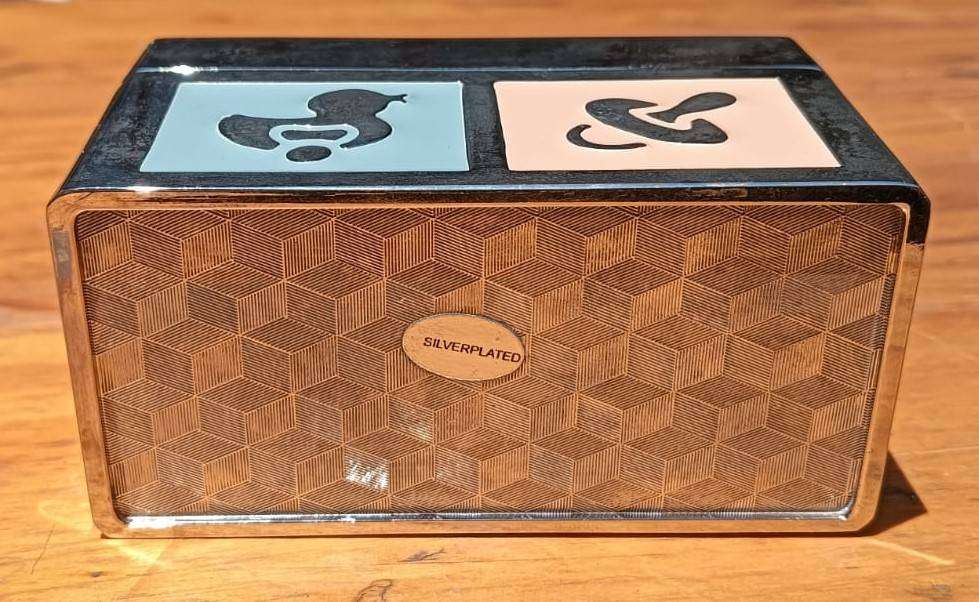 Silverplated Baby Keepsake Box with Enamelled Detail: Hinged Lid Velvet Lined on Inside