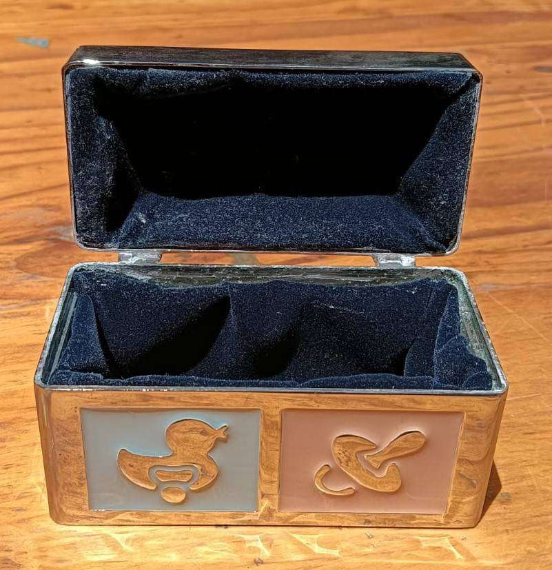 Silverplated Baby Keepsake Box with Enamelled Detail: Hinged Lid Velvet Lined on Inside