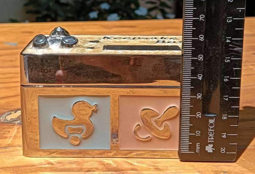 Silverplated Baby Keepsake Box with Enamelled Detail: Hinged Lid Velvet Lined on Inside