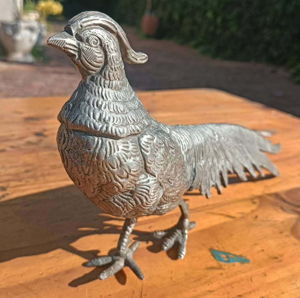 A Lonely Silver Toned Metal Pheasant Rooster with Impressive Tale Feathers Large 29cm Long