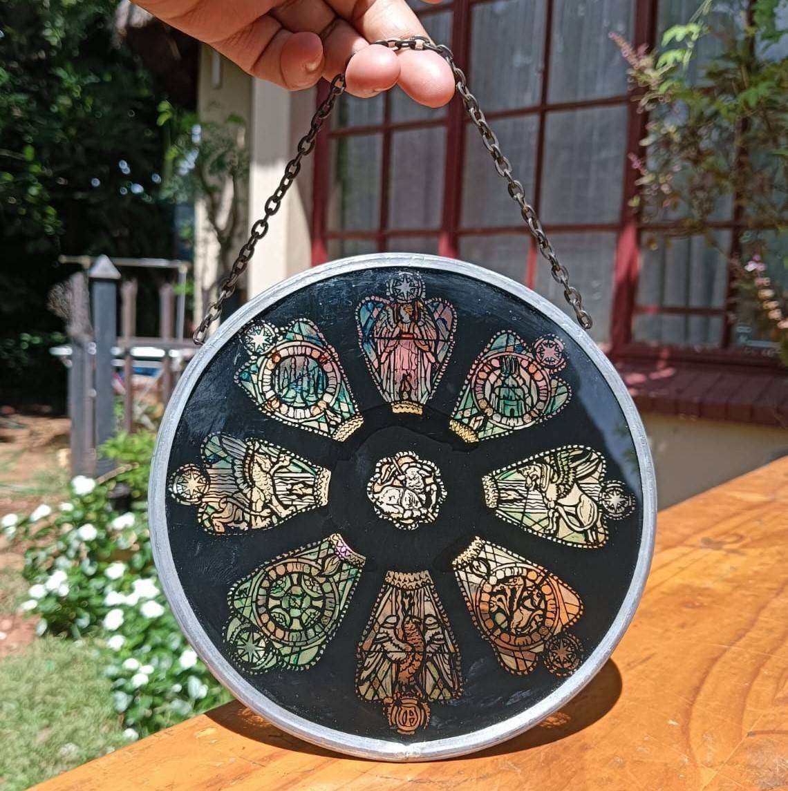 Stained Glass Suncatcher with Angels, Parrots and Flying Lions 15cm Diameter