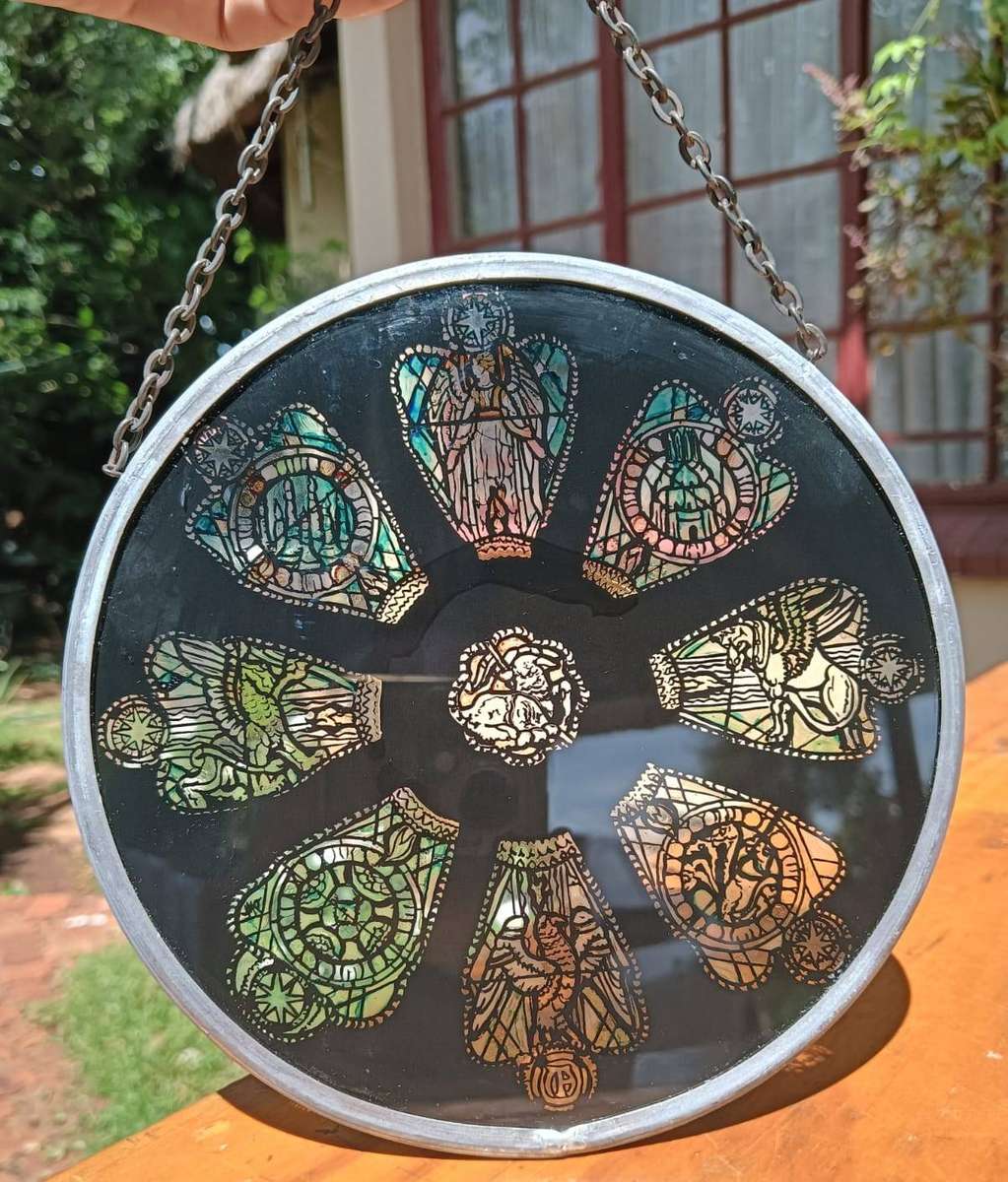 Stained Glass Suncatcher with Angels, Parrots and Flying Lions 15cm Diameter