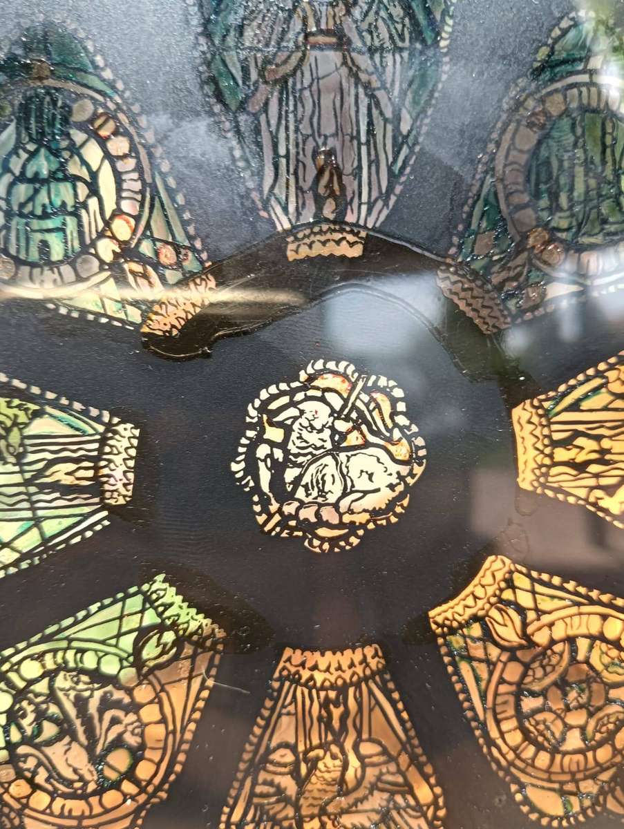 Stained Glass Suncatcher with Angels, Parrots and Flying Lions 15cm Diameter