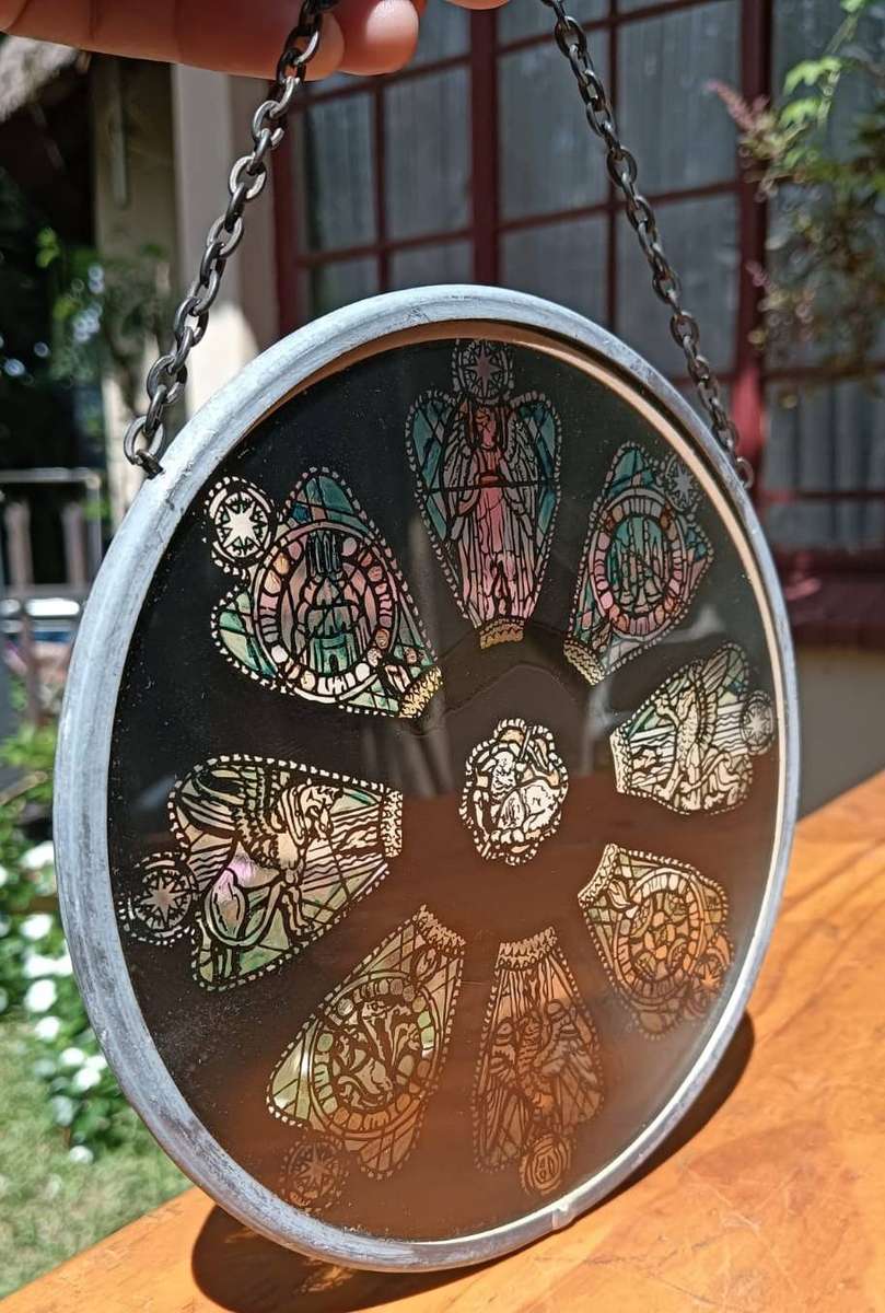 Stained Glass Suncatcher with Angels, Parrots and Flying Lions 15cm Diameter