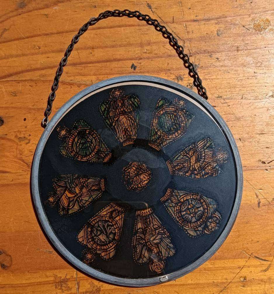 Stained Glass Suncatcher with Angels, Parrots and Flying Lions 15cm Diameter