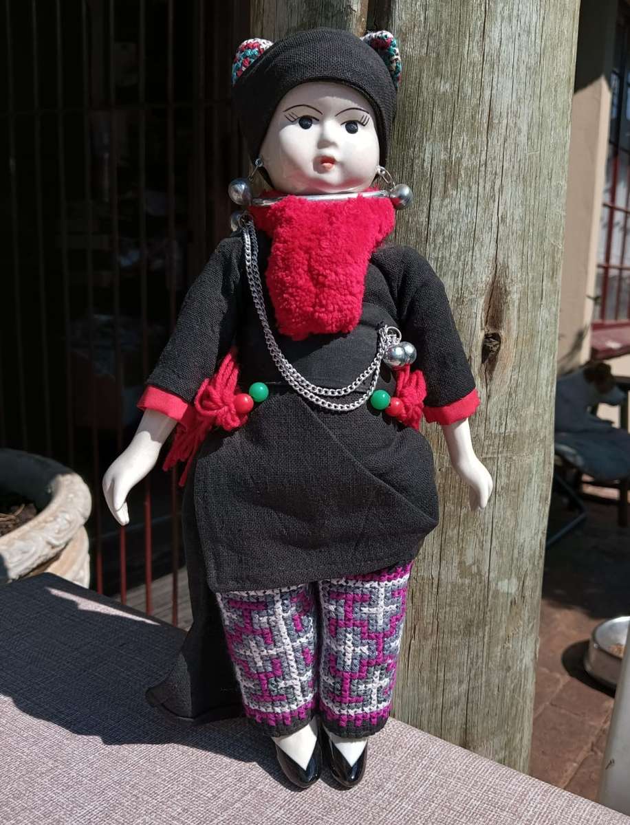 Thai Ethnic Porcelain Doll with Needlework Pants