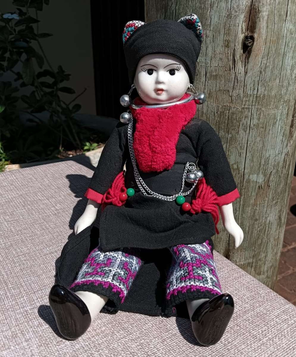 Thai Ethnic Porcelain Doll with Needlework Pants