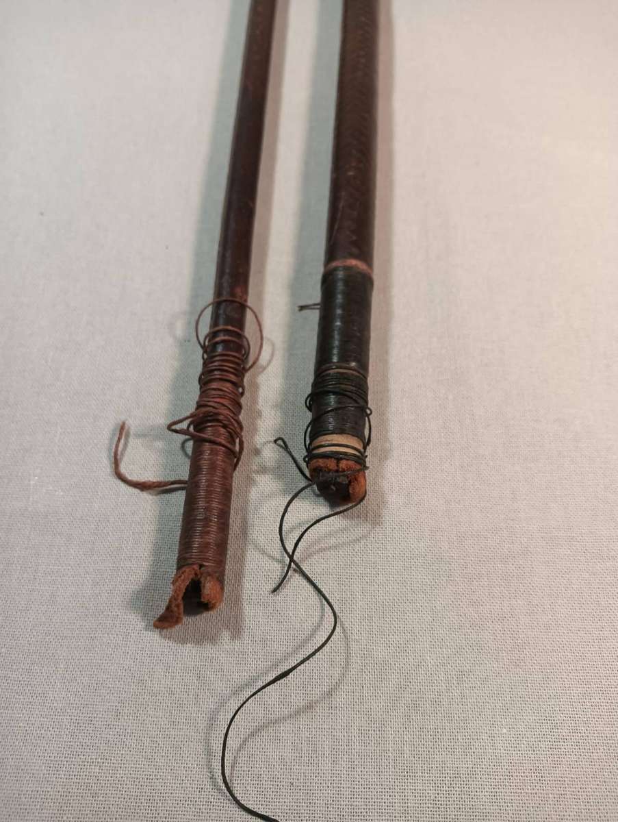 Two Antique Leather and Bone Handle Hunting Crops one with a Gloria Kerschot Silver Metal Collar