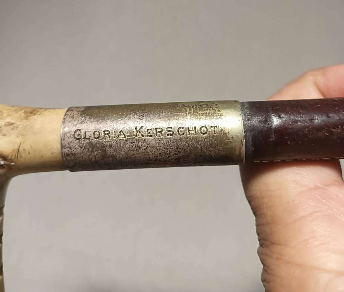 Two Antique Leather and Bone Handle Hunting Crops one with a Gloria Kerschot Silver Metal Collar