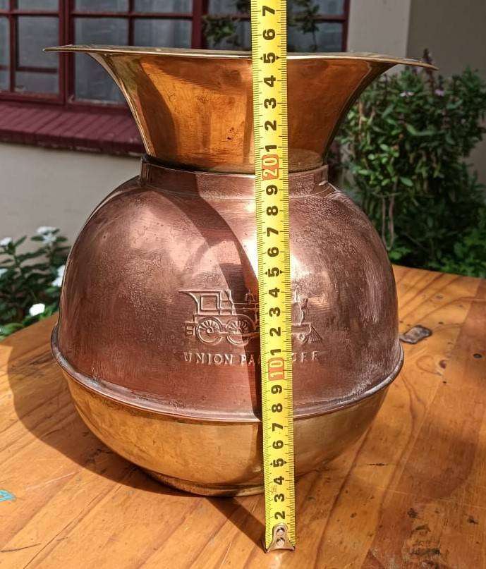 Vintage Copper and Brass Union Pacific Railroad Embossed Spittoon  Weighted Disc on Inside