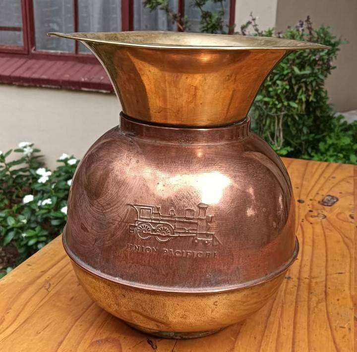 Vintage Copper and Brass Union Pacific Railroad Embossed Spittoon  Weighted Disc on Inside