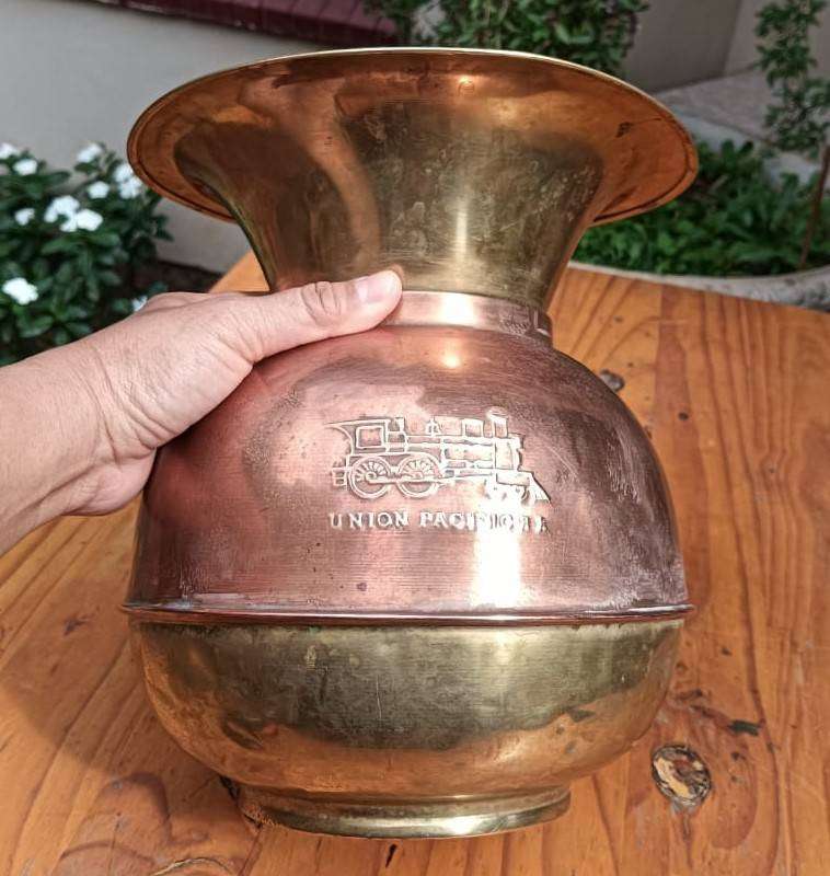 Vintage Copper and Brass Union Pacific Railroad Embossed Spittoon  Weighted Disc on Inside