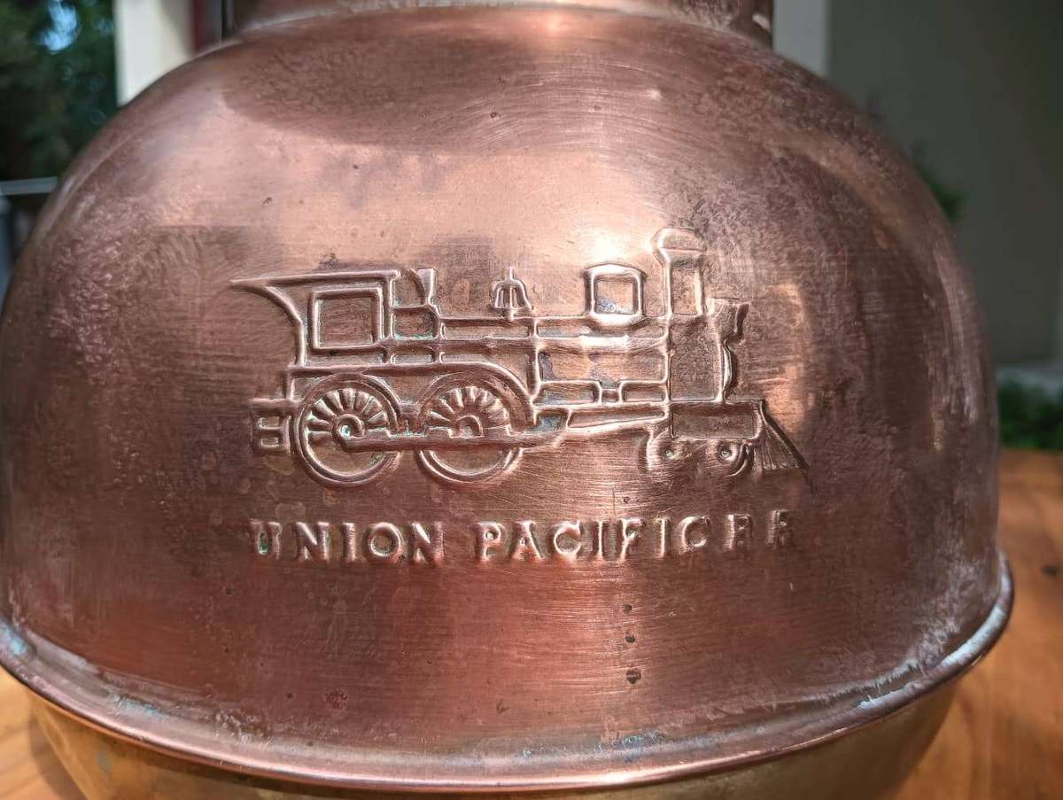Vintage Copper and Brass Union Pacific Railroad Embossed Spittoon  Weighted Disc on Inside