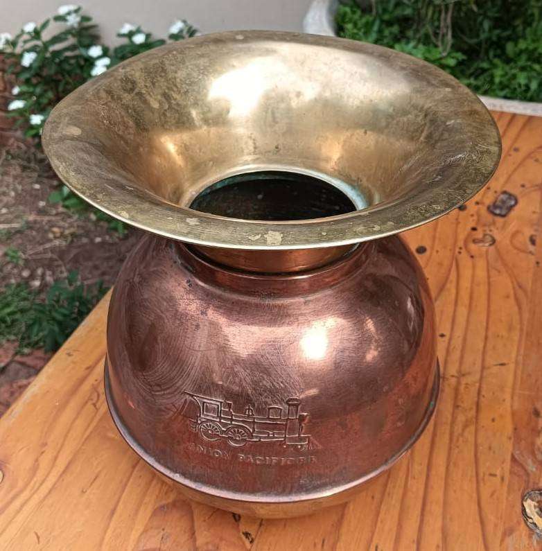 Vintage Copper and Brass Union Pacific Railroad Embossed Spittoon  Weighted Disc on Inside