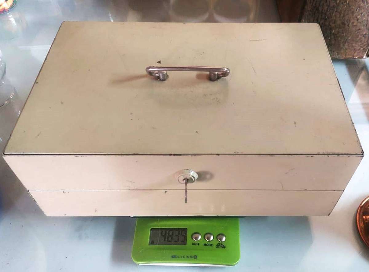 Vintage 1960s Portable Metal Money Box with Drawers (one half hidden) and Key Heavy 4.8kg