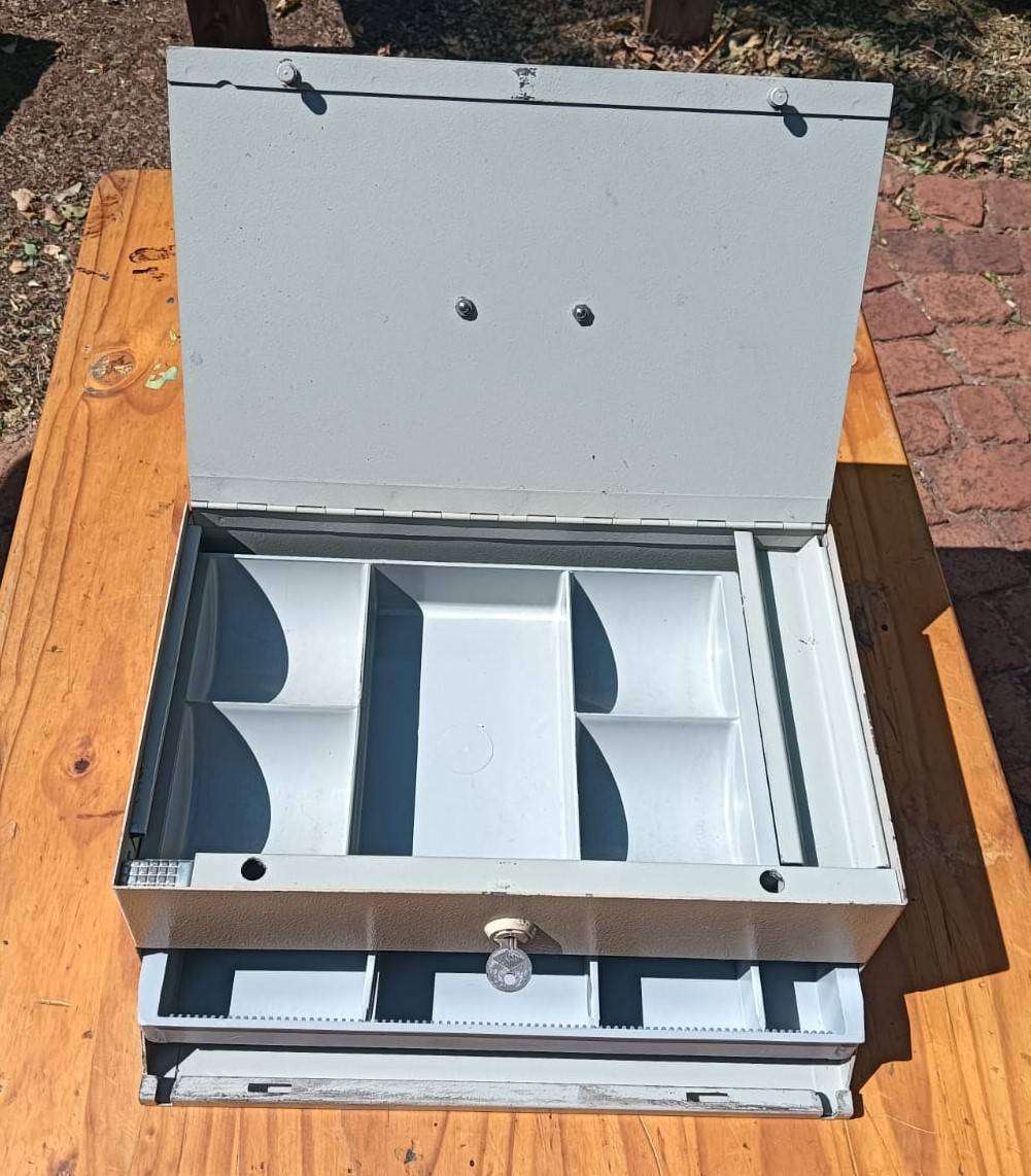 Vintage 1960s Portable Metal Money Box with Drawers (one half hidden) and Key Heavy 4.8kg