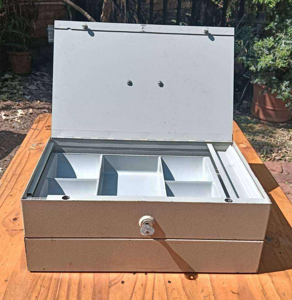 Vintage 1960s Portable Metal Money Box with Drawers (one half hidden) and Key Heavy 4.8kg