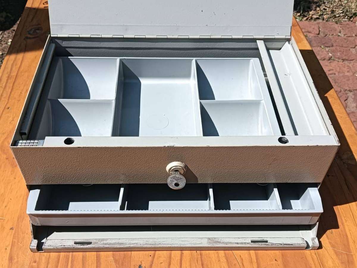 Vintage 1960s Portable Metal Money Box with Drawers (one half hidden) and Key Heavy 4.8kg