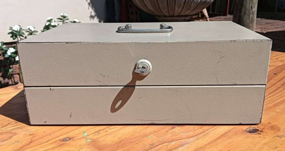 Vintage 1960s Portable Metal Money Box with Drawers (one half hidden) and Key Heavy 4.8kg