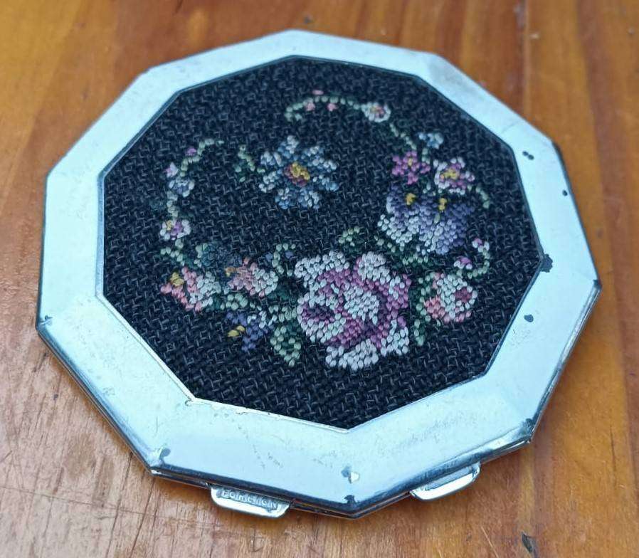 Vintage 1940s Rowenta Germany Foreign Petit Point Embroidered and Enamel Powder Compact