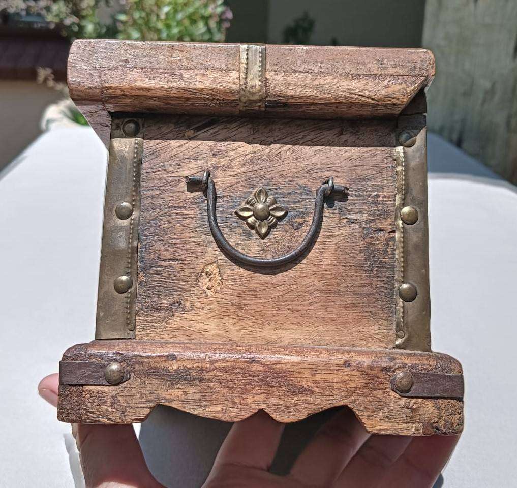 Old Wooden Trinket Box with Brass Fittings and a Concealed Lock Mechanism for Drawers
