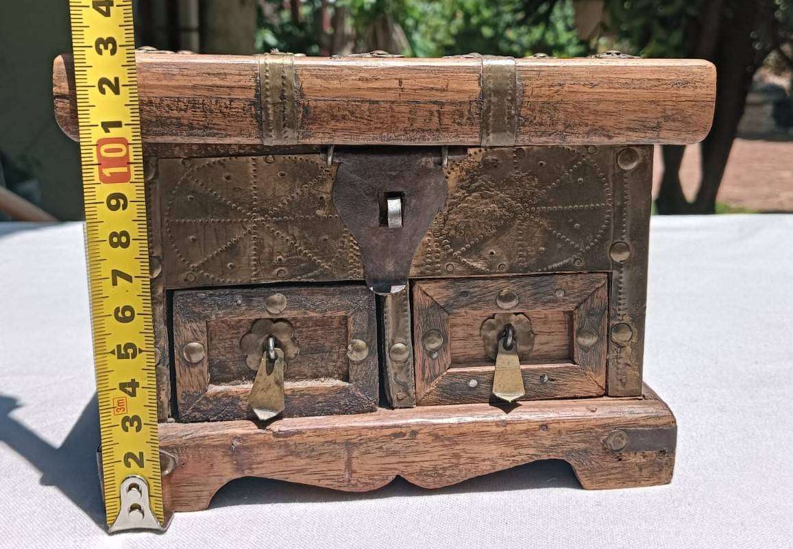 Old Wooden Trinket Box with Brass Fittings and a Concealed Lock Mechanism for Drawers