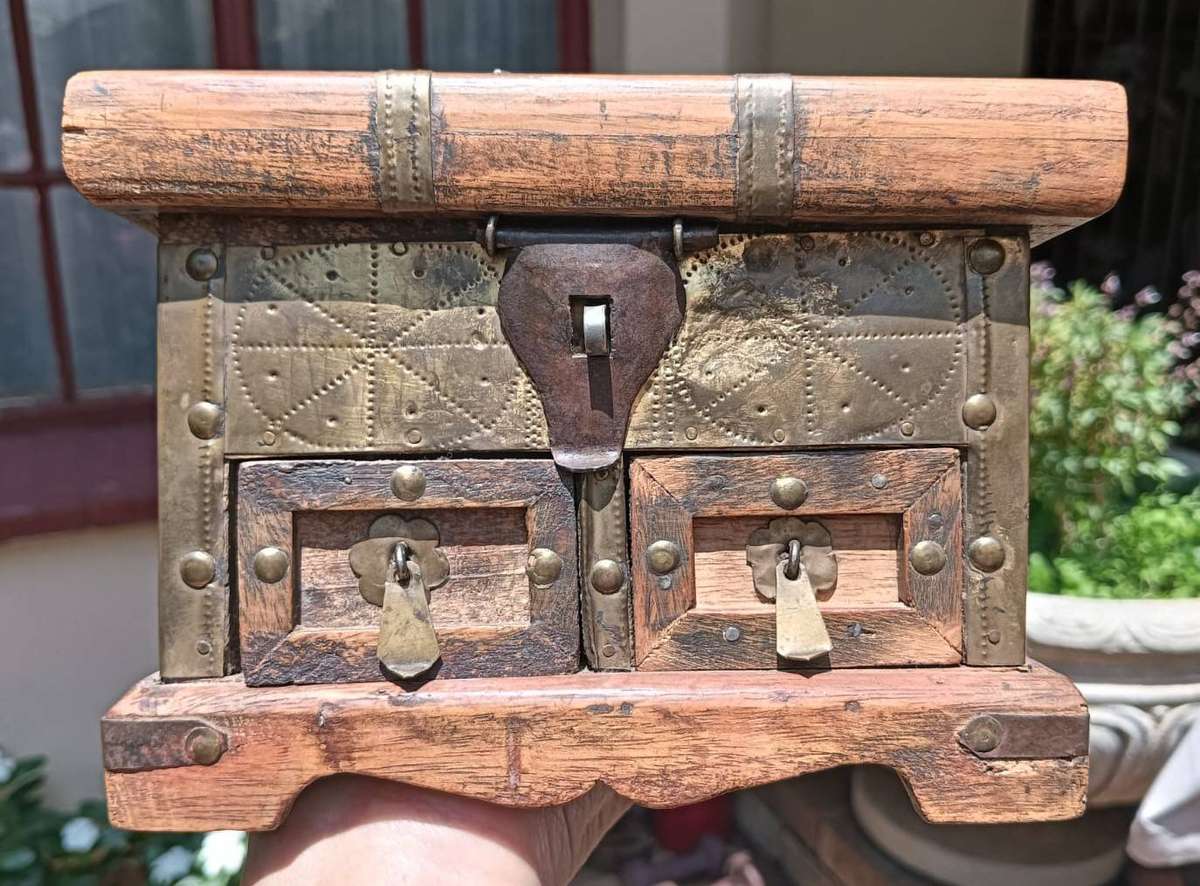 Old Wooden Trinket Box with Brass Fittings and a Concealed Lock Mechanism for Drawers