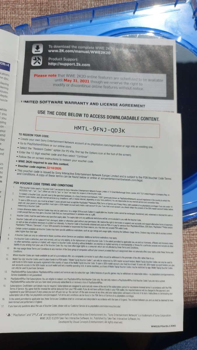 W2K20 Wresling Sony Playstation 4 Video Game