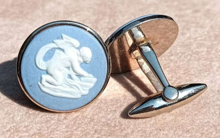 Wedgwood Blue Jasperware Cupid Sharpening his Arrows Cufflinks 1960s