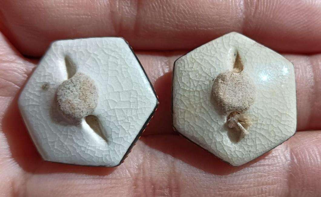 Antique Pair of Hexagonal Shaped Japanese Satsuma Porcelain Buttons
