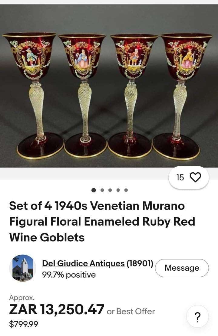 Italian Murano Hand Blown (Has Pontil Scar) Enamel Hand Painted Red Ruby Glass Goblet Good Condition