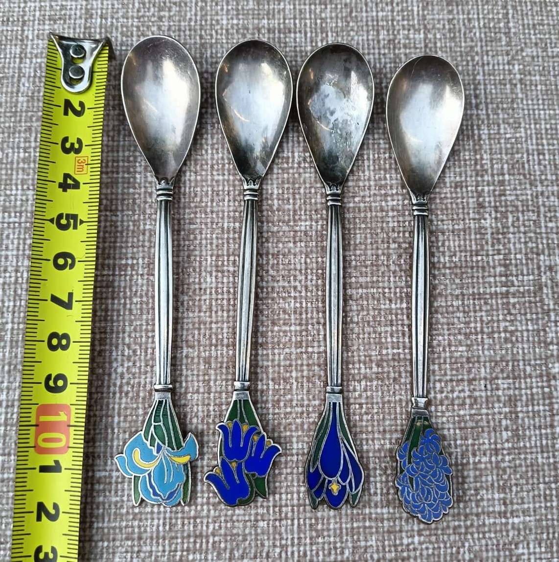 Enamelled Dutch Voorschoten Silverplated Spoons Vintage Mid Twentieth Century