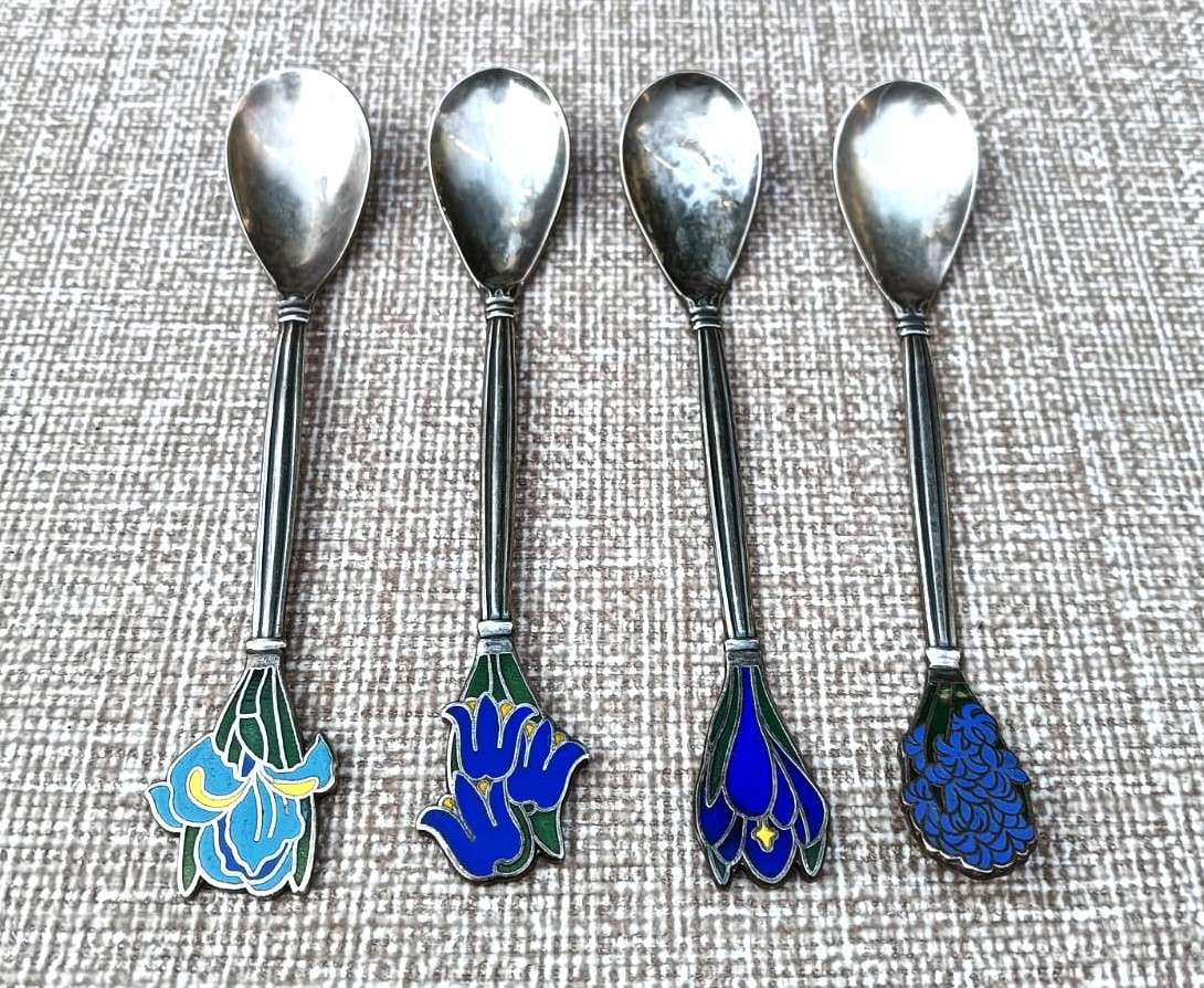 Enamelled Dutch Voorschoten Silverplated Spoons Vintage Mid Twentieth Century
