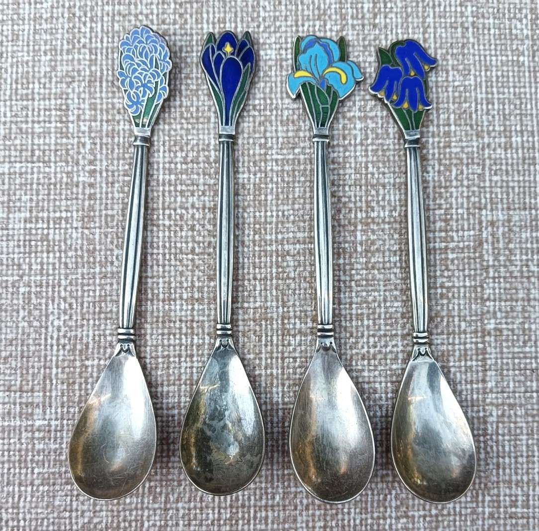 Enamelled Dutch Voorschoten Silverplated Spoons Vintage Mid Twentieth Century
