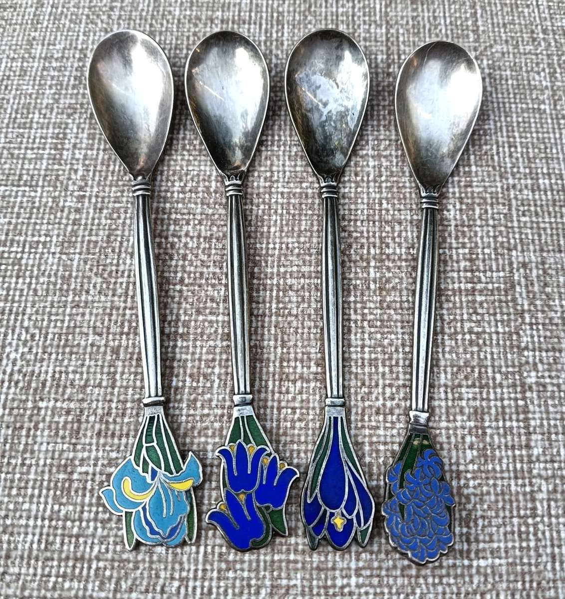 Enamelled Dutch Voorschoten Silverplated Spoons Vintage Mid Twentieth Century