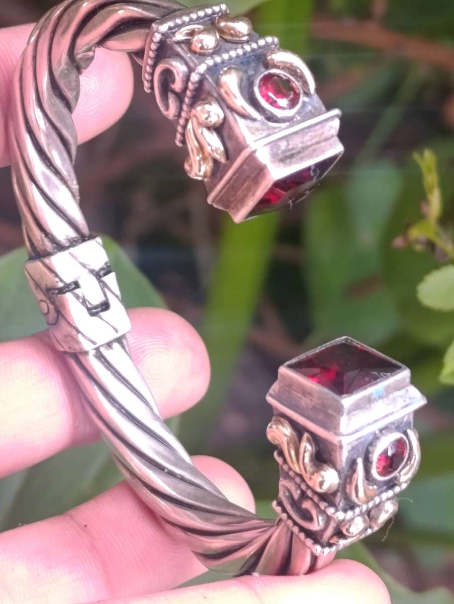 Rare Estate Large Gold & Sterling Cable Cuff Garnet Bracelet