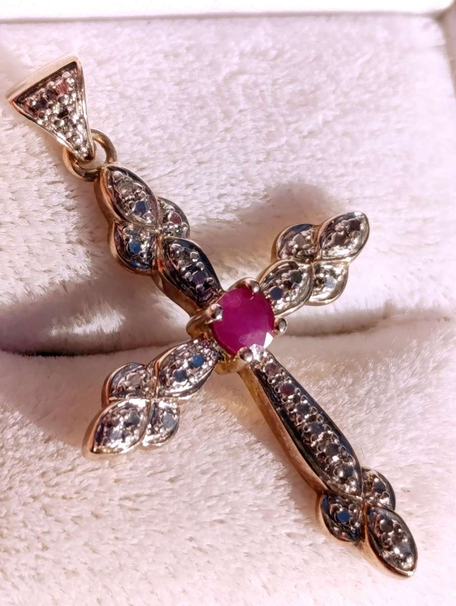 Gold On Sterling Diamond Ruby Cross Pendant