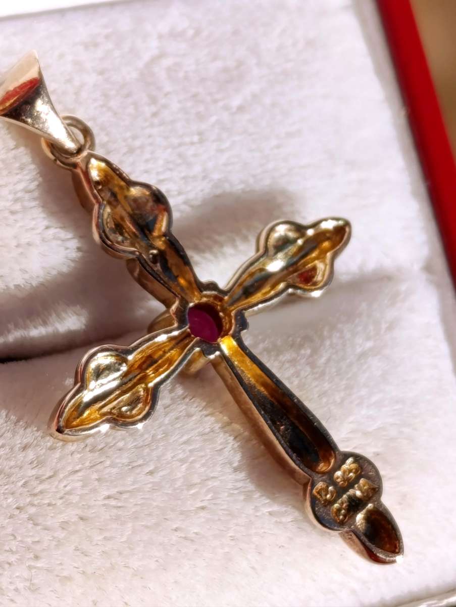 Gold On Sterling Diamond Ruby Cross Pendant