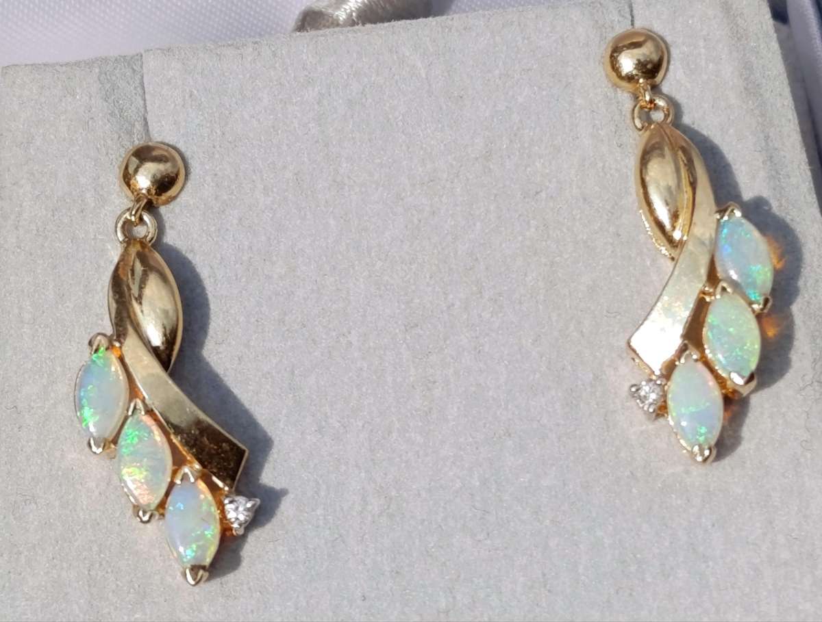 Rare Estate 14ct Diamond Opal Earrings