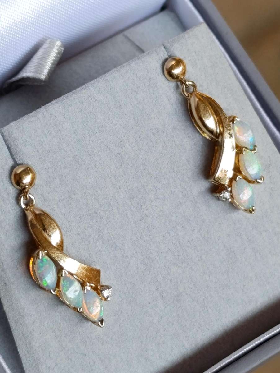 Rare Estate 14ct Diamond Opal Earrings