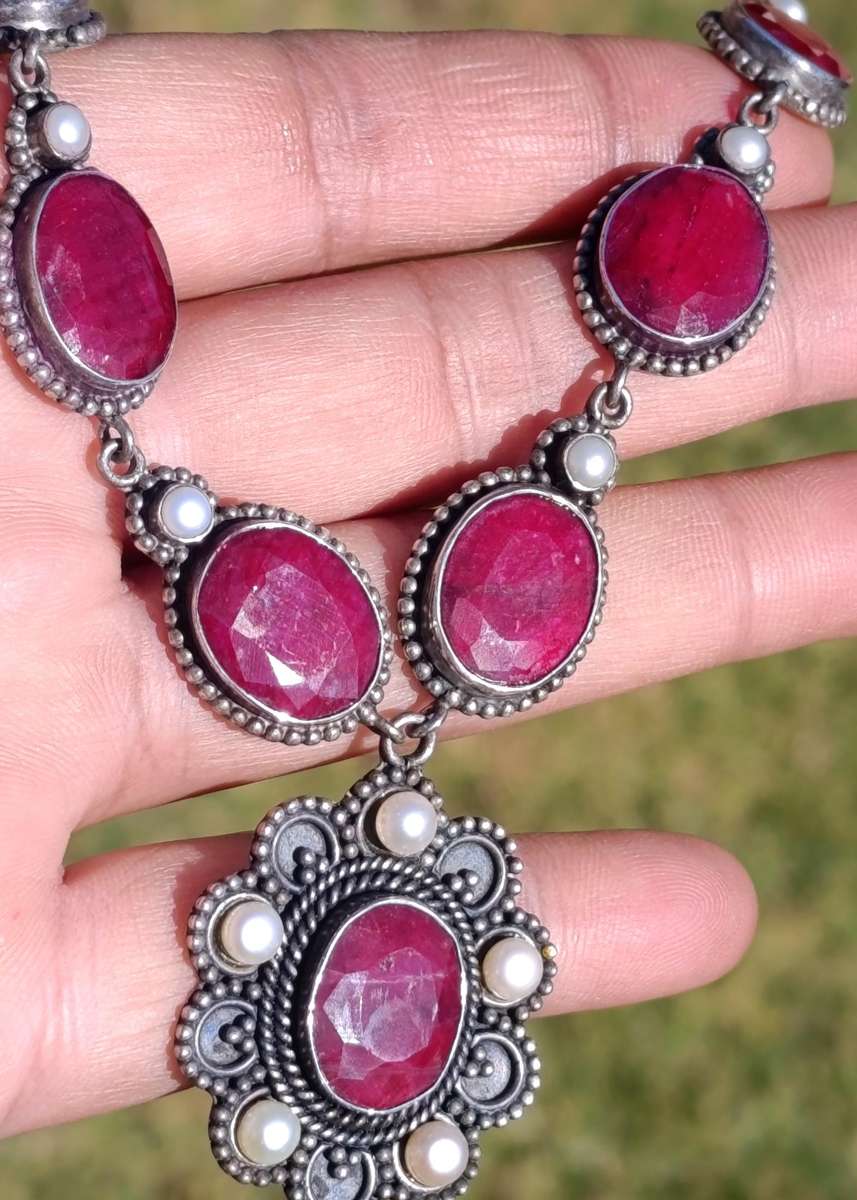 Estate Sterling Ruby Pearl Necklace