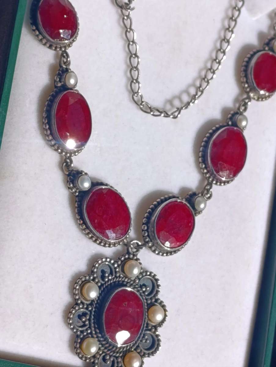 Estate Sterling Ruby Pearl Necklace