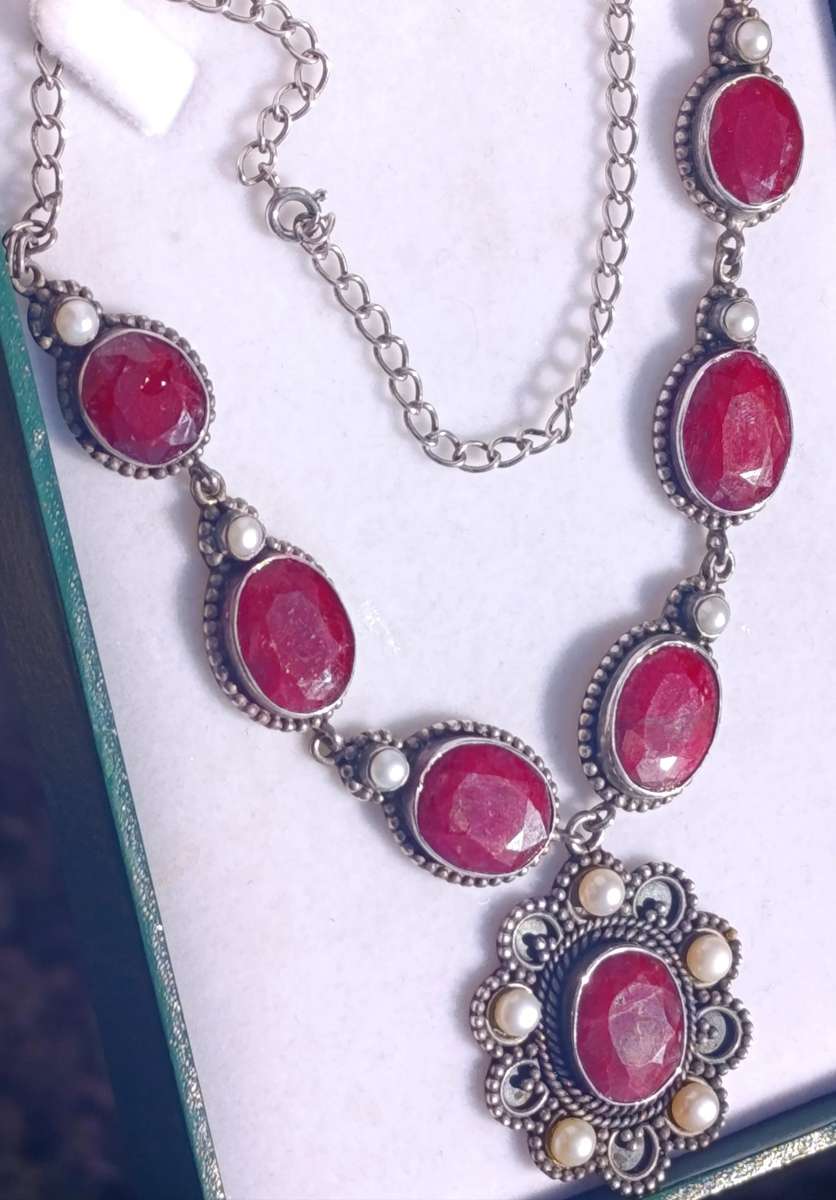 Estate Sterling Ruby Pearl Necklace