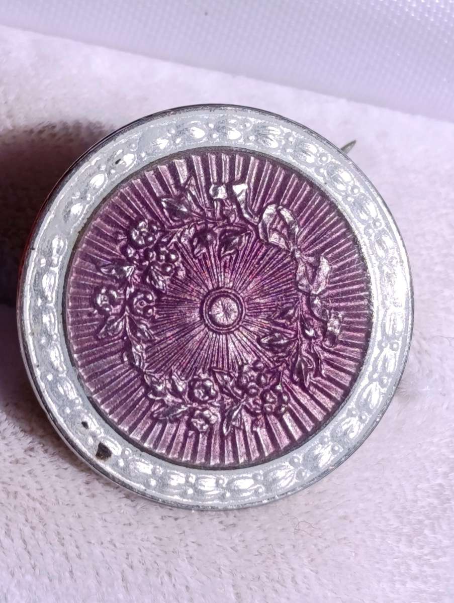 Antique Sterling Purple Guilloche Enamel Brooch