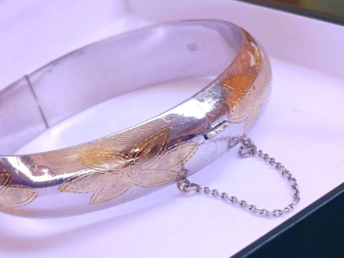 15MM Sterling Bangle With Gold Encrusted Detail