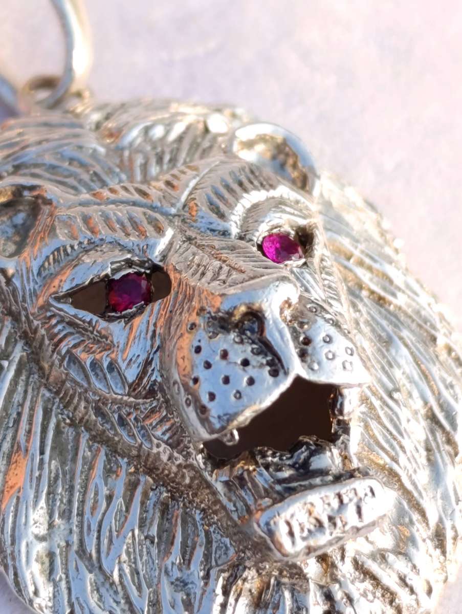 Rare Sterling Ruby Eyed Lion Pendant